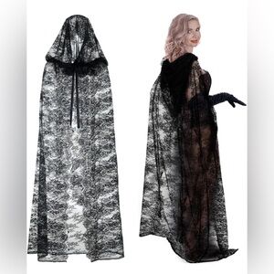 Halloween Gothic Black Lace Hooded Cape Witch Vampire Cloak Costume for Women